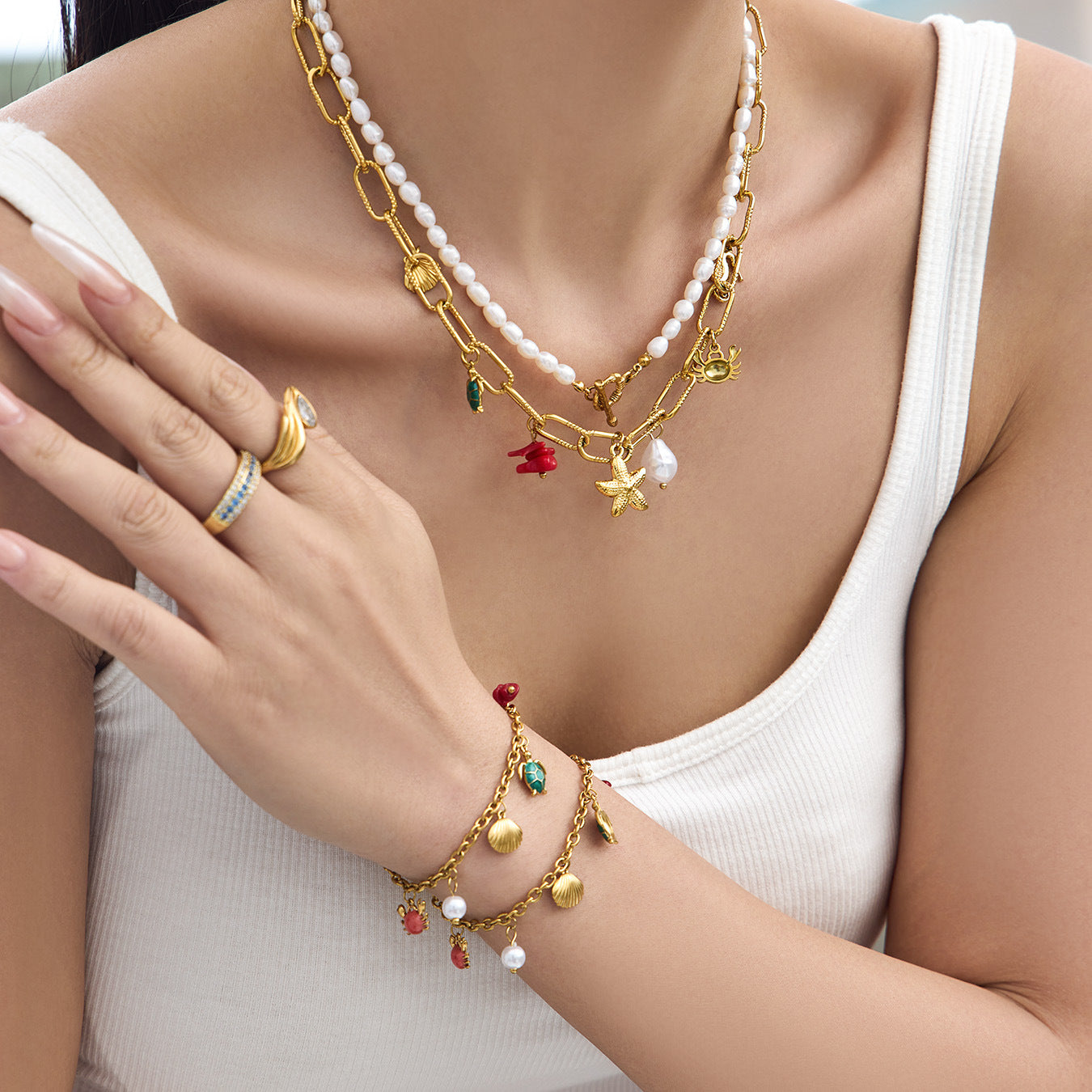 316L Stainless Steel 18K Gold PVD Vintage Ocean Element Necklace - Vintage Ocean Element, Minimalist Design Wholesale Stainless Steel Jewelry - Sensitive Skin Friendly - Detail 3