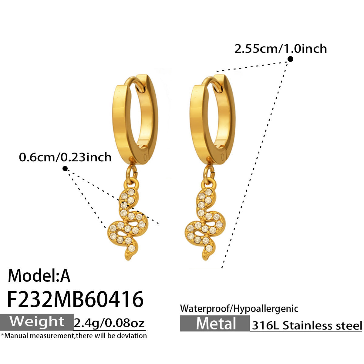 316L Stainless Steel 18K Gold PVD Vintage Pave Zircon Serpent Huggie Earrings - Vintage Gold Pave Zircon Serpent Huggie, Trendy, Delicate Luxury Wholesale Stainless Steel Jewelry - Sensitive Skin Friendly - Detail 1