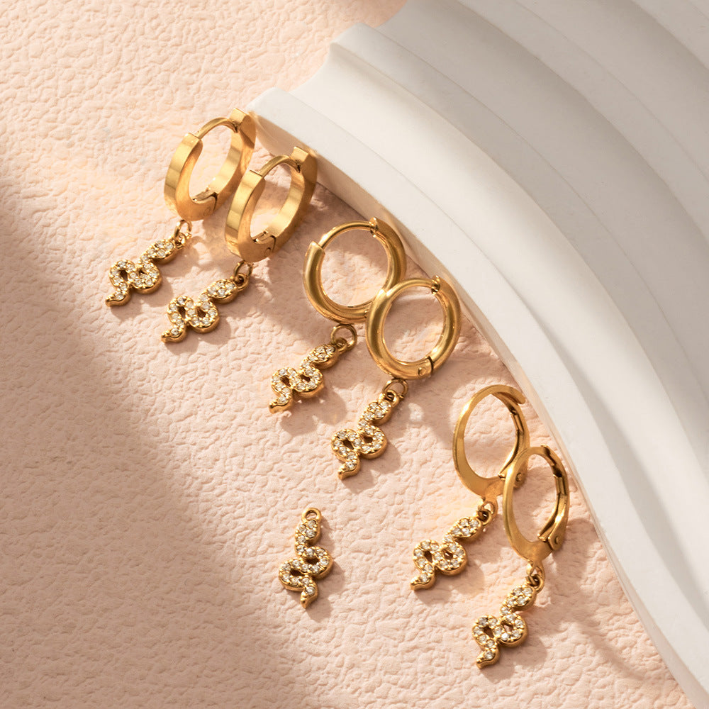 316L Stainless Steel 18K Gold PVD Vintage Pave Zircon Serpent Huggie Earrings - Vintage Gold Pave Zircon Serpent Huggie, Trendy, Delicate Luxury Wholesale Stainless Steel Jewelry - Sensitive Skin Friendly - Detail 12