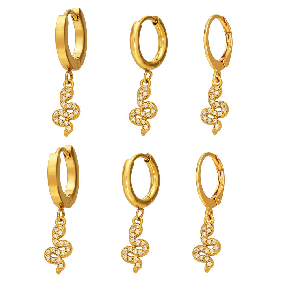 316L Stainless Steel 18K Gold PVD Vintage Pave Zircon Serpent Huggie Earrings - Vintage Gold Pave Zircon Serpent Huggie, Trendy, Delicate Luxury Wholesale Stainless Steel Jewelry - Sensitive Skin Friendly - Detail 13
