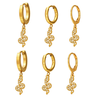 316L Stainless Steel 18K Gold PVD Vintage Pave Zircon Serpent Huggie Earrings - Vintage Gold Pave Zircon Serpent Huggie, Trendy, Delicate Luxury Wholesale Stainless Steel Jewelry - Sensitive Skin Friendly - Detail 13
