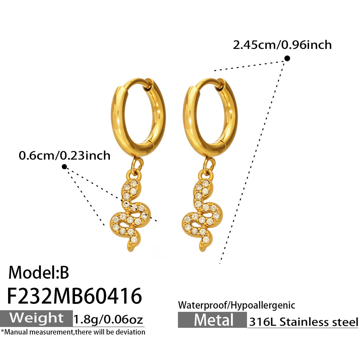 316L Stainless Steel 18K Gold PVD Vintage Pave Zircon Serpent Huggie Earrings - Vintage Gold Pave Zircon Serpent Huggie, Trendy, Delicate Luxury Wholesale Stainless Steel Jewelry - Sensitive Skin Friendly - Detail 2
