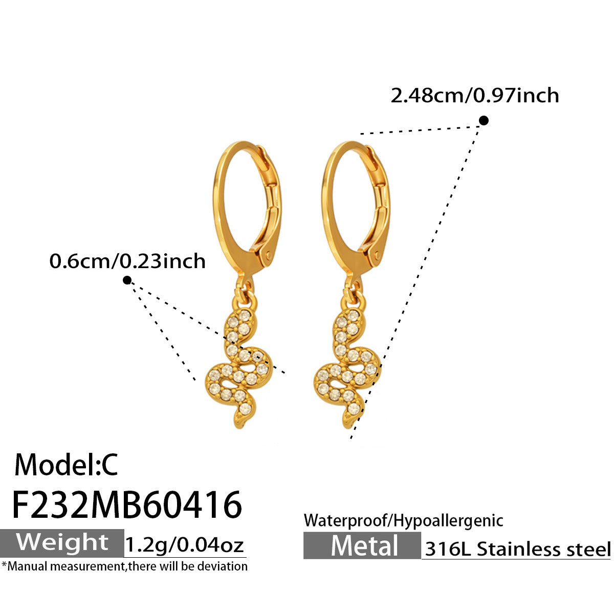 316L Stainless Steel 18K Gold PVD Vintage Pave Zircon Serpent Huggie Earrings - Vintage Gold Pave Zircon Serpent Huggie, Trendy, Delicate Luxury Wholesale Stainless Steel Jewelry - Sensitive Skin Friendly - Detail 3