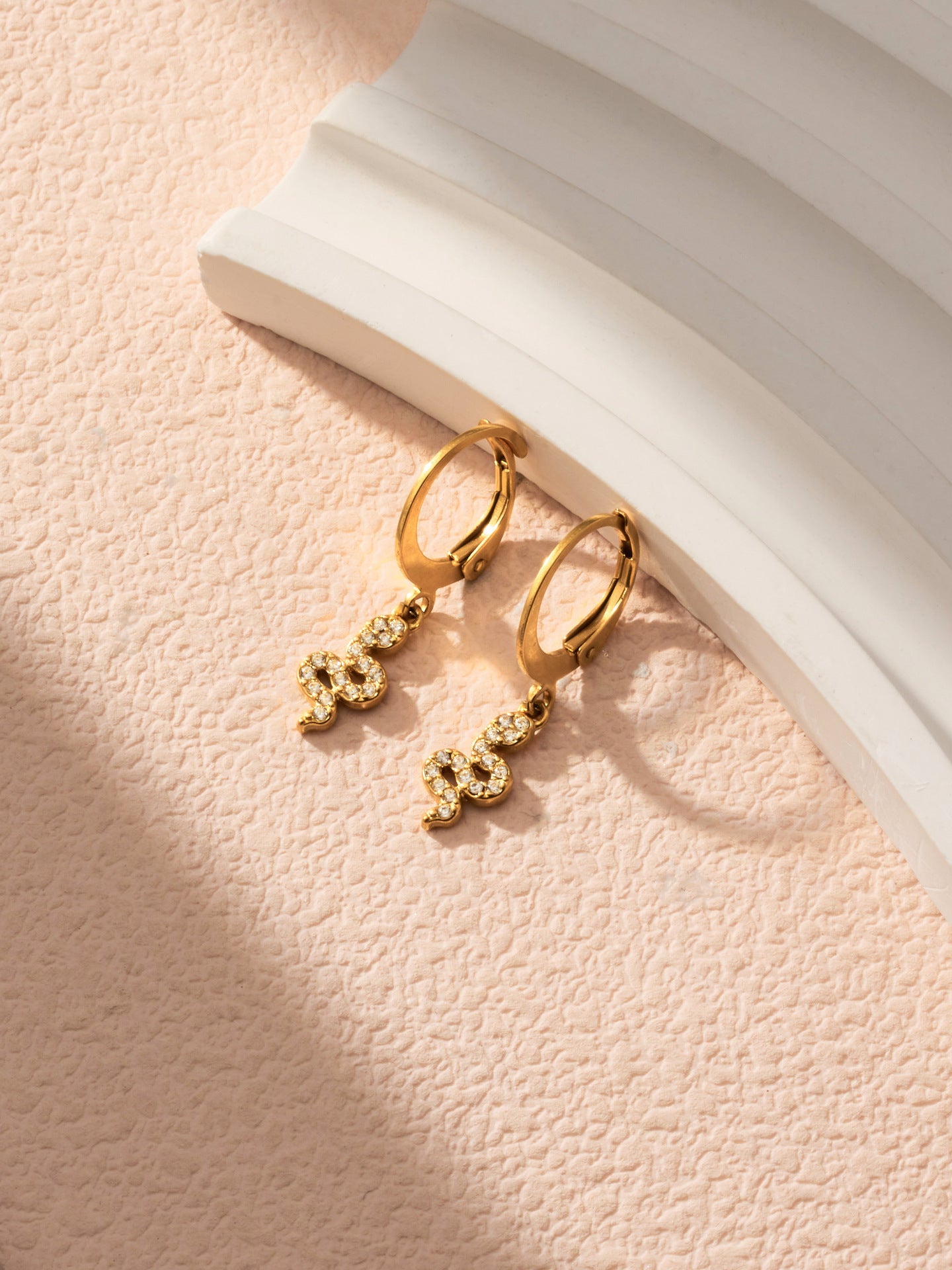 316L Stainless Steel 18K Gold PVD Vintage Pave Zircon Serpent Huggie Earrings - Vintage Gold Pave Zircon Serpent Huggie, Trendy, Delicate Luxury Wholesale Stainless Steel Jewelry - Sensitive Skin Friendly - Detail 8