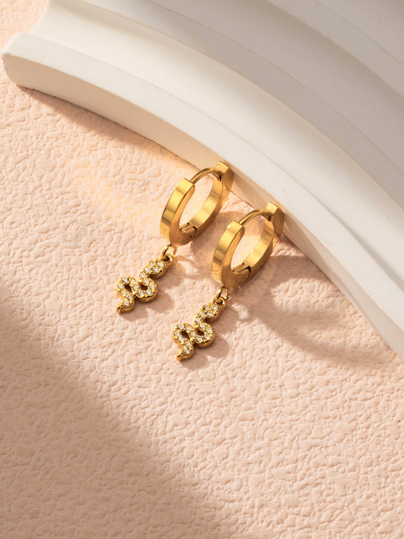 316L Stainless Steel 18K Gold PVD Vintage Pave Zircon Serpent Huggie Earrings - Vintage Gold Pave Zircon Serpent Huggie, Trendy, Delicate Luxury Wholesale Stainless Steel Jewelry - Sensitive Skin Friendly - Detail 9