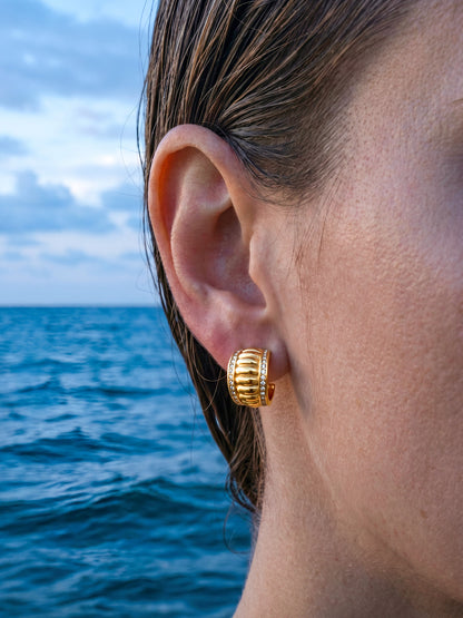 316L Stainless Steel 18K Gold PVD Vintage Roman-Style Paved Zircon Wide C-Shaped Earrings - Vintage Gold C-Shaped Earrings Paved Zircon Roman Style Wholesale Stainless Steel Jewelry - Sensitive Skin Friendly - Detail 1