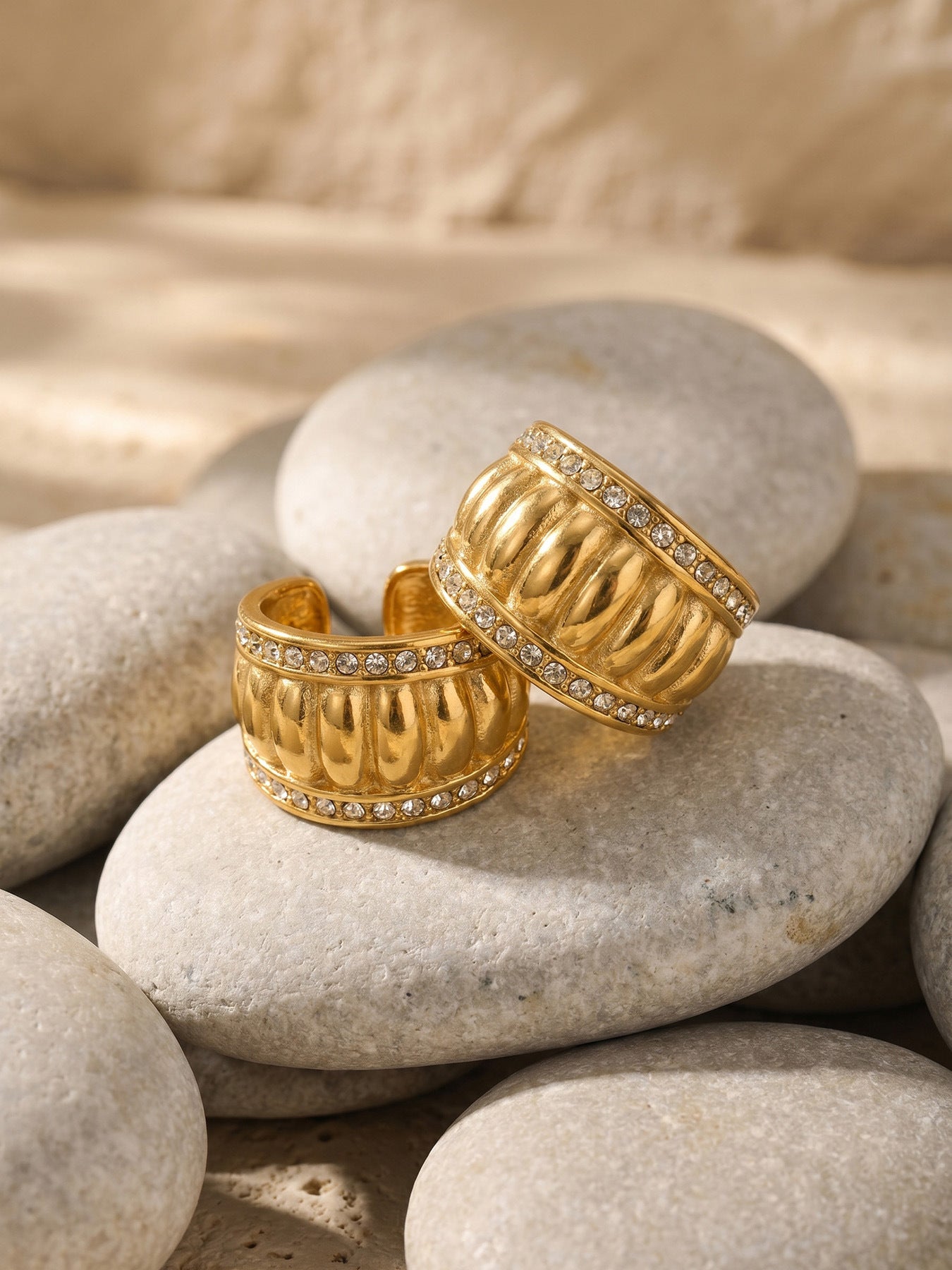 316L Stainless Steel 18K Gold PVD Vintage Roman-Style Paved Zircon Wide C-Shaped Earrings - Vintage Gold C-Shaped Earrings Paved Zircon Roman Style Wholesale Stainless Steel Jewelry - Sensitive Skin Friendly - Detail 11