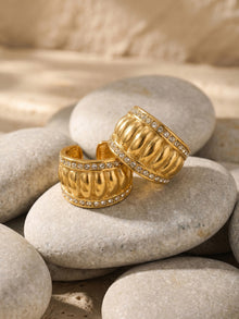 316L Stainless Steel 18K Gold PVD Vintage Roman-Style Paved Zircon Wide C-Shaped Earrings - Vintage Gold C-Shaped Earrings Paved Zircon Roman Style Wholesale Stainless Steel Jewelry - Sensitive Skin Friendly - Detail 11