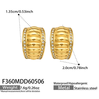 316L Stainless Steel 18K Gold PVD Vintage Roman-Style Paved Zircon Wide C-Shaped Earrings - Vintage Gold C-Shaped Earrings Paved Zircon Roman Style Wholesale Stainless Steel Jewelry - Sensitive Skin Friendly - Detail 5