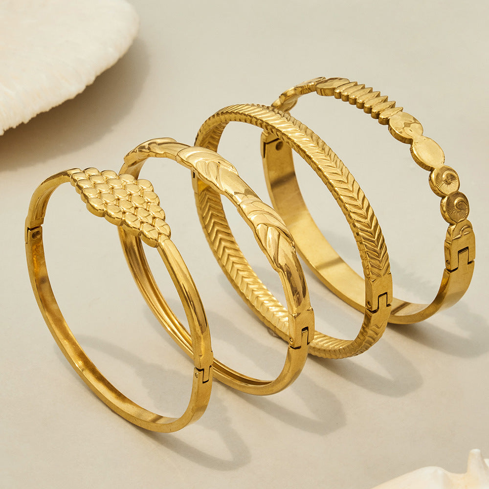 316L Stainless Steel 18K Gold PVD Vintage Rope, Wheat, Honeycomb Design Bangle - Vintage Rope Knot Wheat Ear Honeycomb Texture Wholesale Stainless Steel Jewelry - Sensitive Skin Friendly - Detail 1