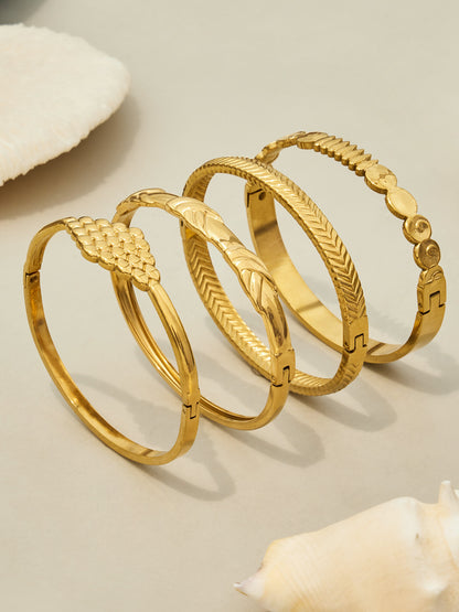 316L Stainless Steel 18K Gold PVD Vintage Rope, Wheat, Honeycomb Design Bangle - Vintage Rope Knot Wheat Ear Honeycomb Texture Wholesale Stainless Steel Jewelry - Sensitive Skin Friendly - Detail 10