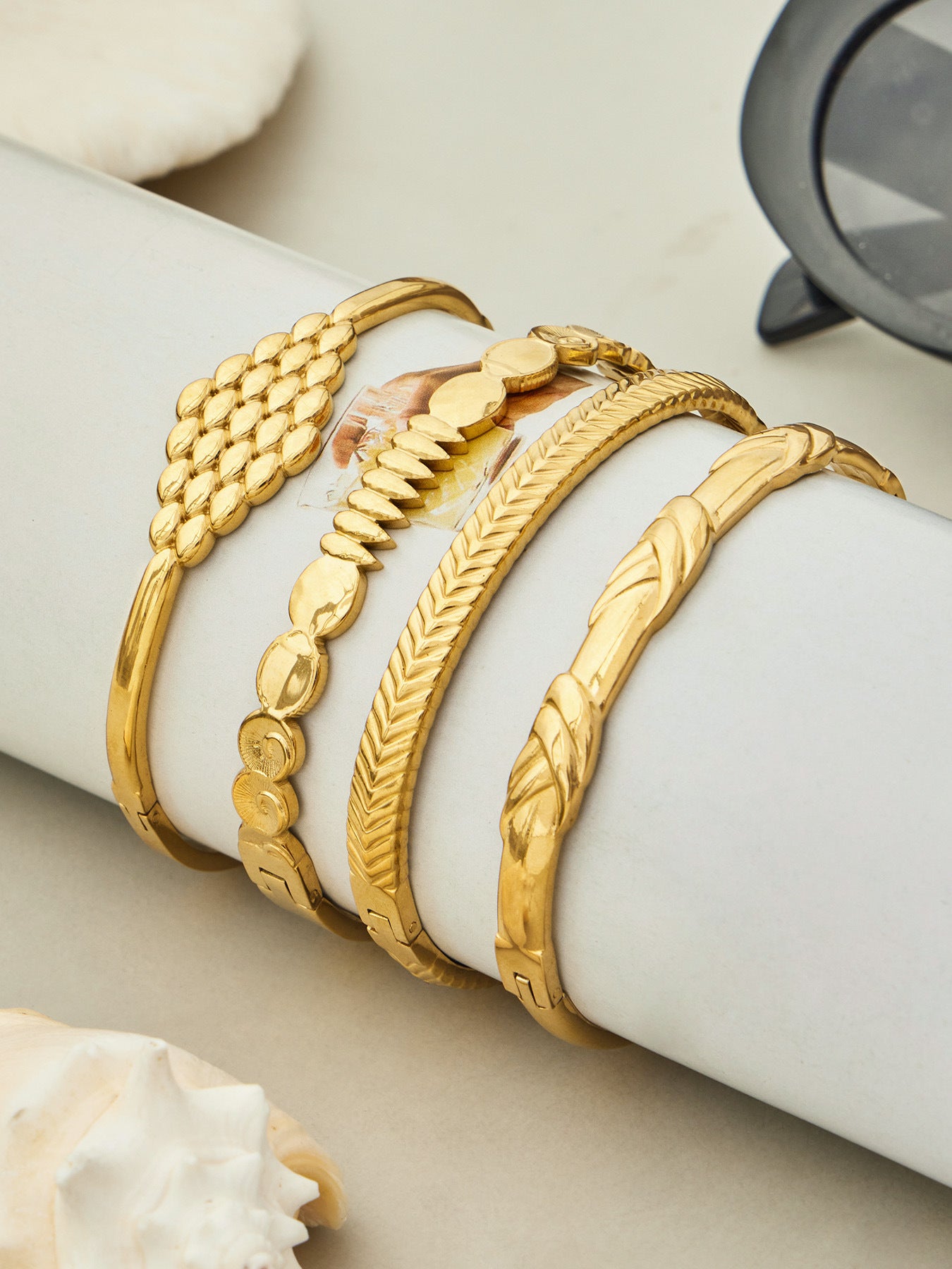 316L Stainless Steel 18K Gold PVD Vintage Rope, Wheat, Honeycomb Design Bangle - Vintage Rope Knot Wheat Ear Honeycomb Texture Wholesale Stainless Steel Jewelry - Sensitive Skin Friendly - Detail 11