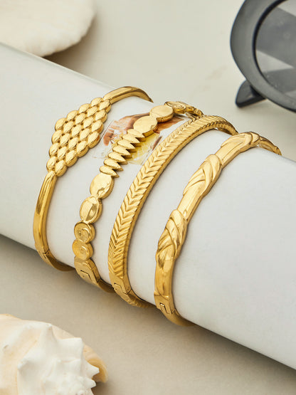 316L Stainless Steel 18K Gold PVD Vintage Rope, Wheat, Honeycomb Design Bangle - Vintage Rope Knot Wheat Ear Honeycomb Texture Wholesale Stainless Steel Jewelry - Sensitive Skin Friendly - Detail 11