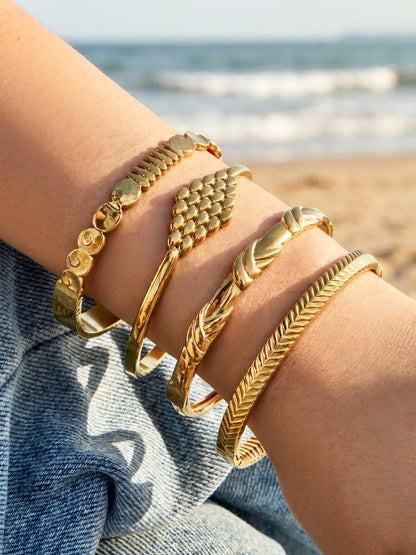 316L Stainless Steel 18K Gold PVD Vintage Rope, Wheat, Honeycomb Design Bangle - Vintage Rope Knot Wheat Ear Honeycomb Texture Wholesale Stainless Steel Jewelry - Sensitive Skin Friendly - Detail 12