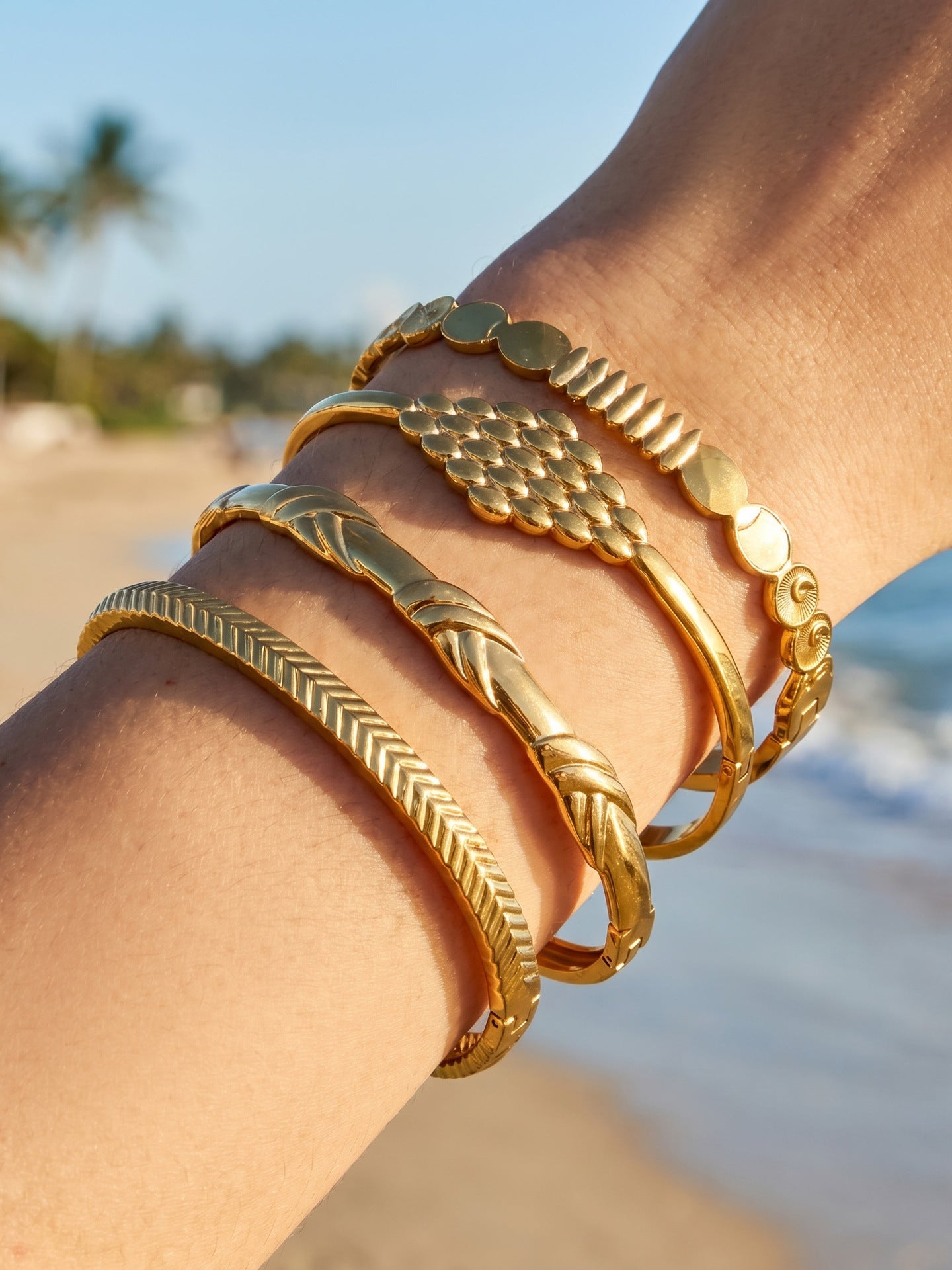 316L Stainless Steel 18K Gold PVD Vintage Rope, Wheat, Honeycomb Design Bangle - Vintage Rope Knot Wheat Ear Honeycomb Texture Wholesale Stainless Steel Jewelry - Sensitive Skin Friendly - Detail 13