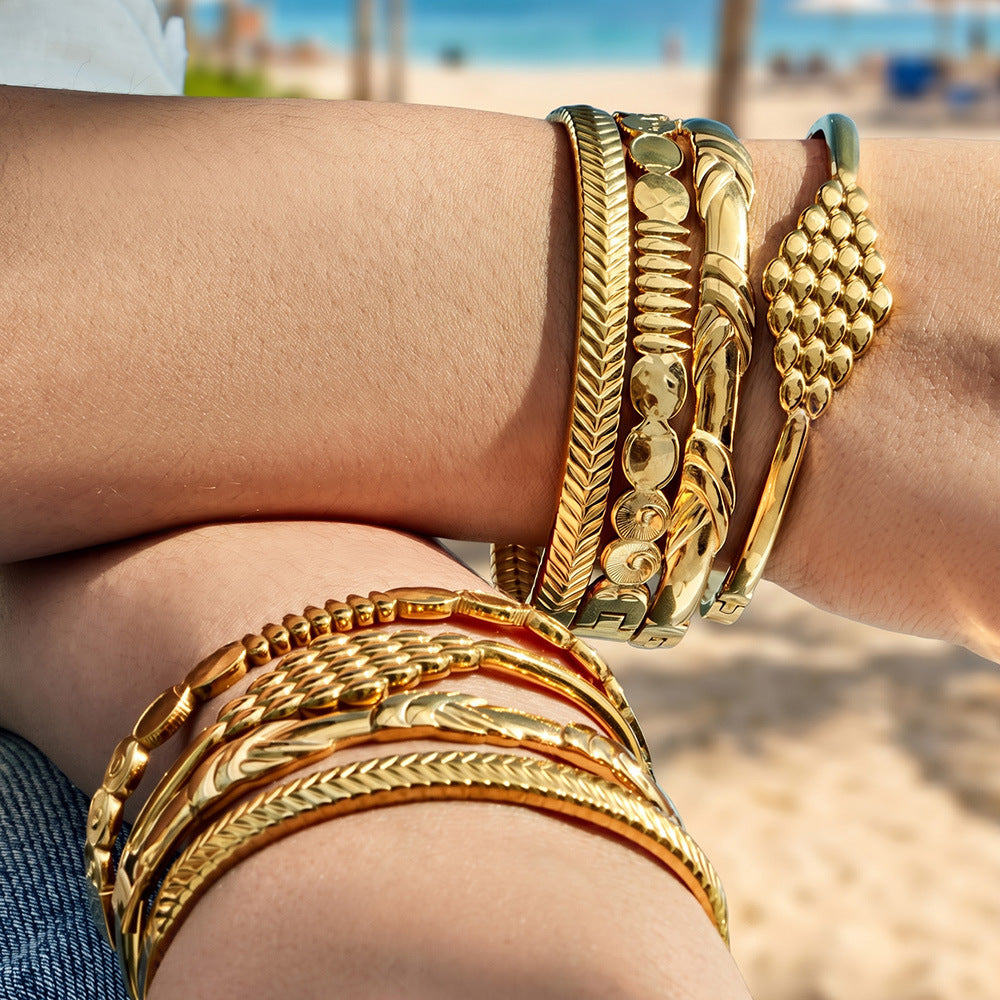 316L Stainless Steel 18K Gold PVD Vintage Rope, Wheat, Honeycomb Design Bangle - Vintage Rope Knot Wheat Ear Honeycomb Texture Wholesale Stainless Steel Jewelry - Sensitive Skin Friendly - Detail 14
