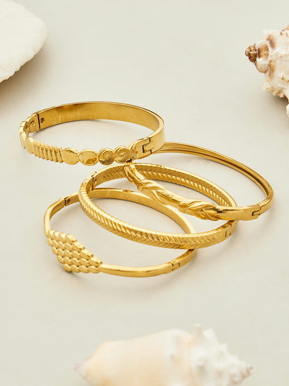 316L Stainless Steel 18K Gold PVD Vintage Rope, Wheat, Honeycomb Design Bangle - Vintage Rope Knot Wheat Ear Honeycomb Texture Wholesale Stainless Steel Jewelry - Sensitive Skin Friendly - Detail 19