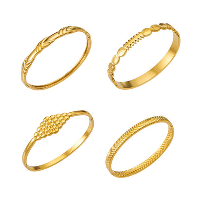 316L Stainless Steel 18K Gold PVD Vintage Rope, Wheat, Honeycomb Design Bangle - Vintage Rope Knot Wheat Ear Honeycomb Texture Wholesale Stainless Steel Jewelry - Sensitive Skin Friendly - Detail 5