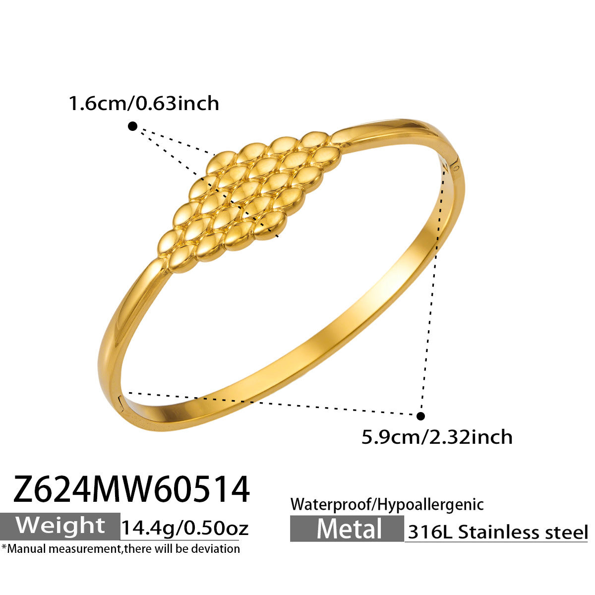 316L Stainless Steel 18K Gold PVD Vintage Rope, Wheat, Honeycomb Design Bangle - Vintage Rope Knot Wheat Ear Honeycomb Texture Wholesale Stainless Steel Jewelry - Sensitive Skin Friendly - Detail 6