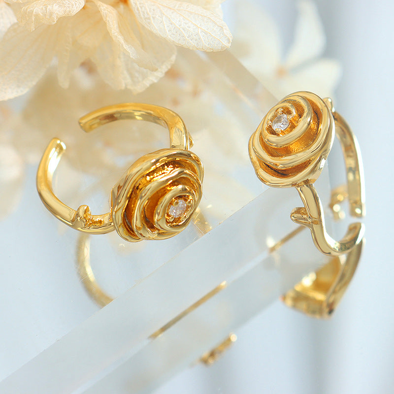 316L Stainless Steel 18K Gold PVD Vintage Rose Flower Zircon Ring - Vintage Gold Rose Flower Zircon Ring Wholesale Stainless Steel Jewelry - Sensitive Skin Friendly - Detail 2