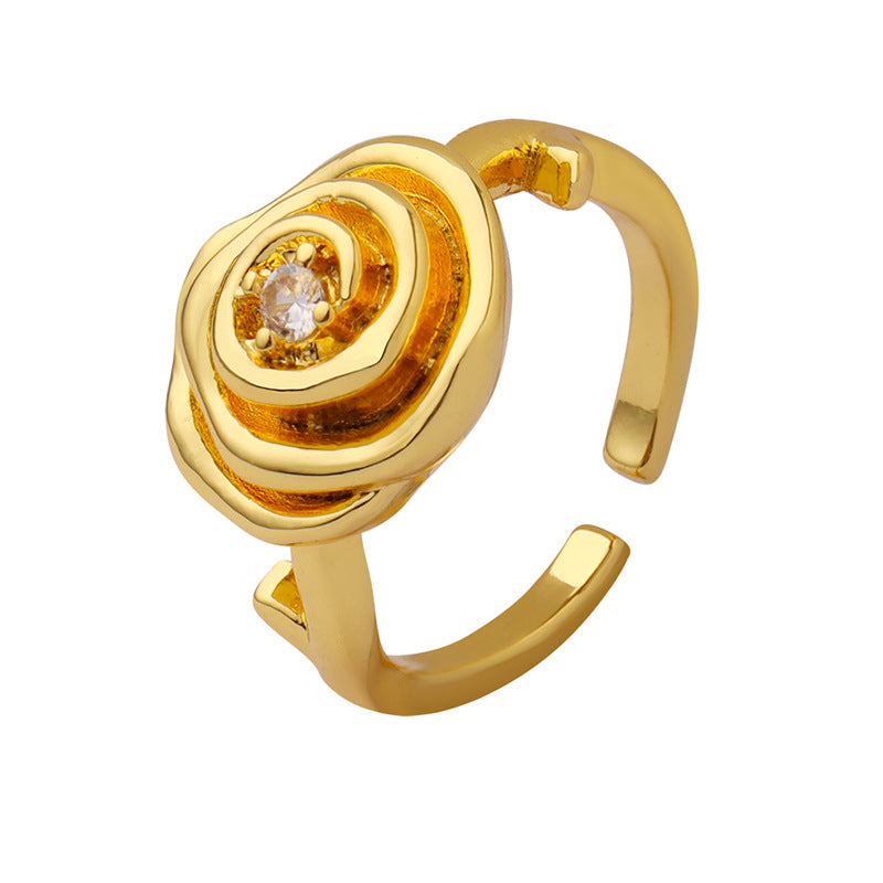 316L Stainless Steel 18K Gold PVD Vintage Rose Flower Zircon Ring - Vintage Gold Rose Flower Zircon Ring Wholesale Stainless Steel Jewelry - Sensitive Skin Friendly - Detail 3