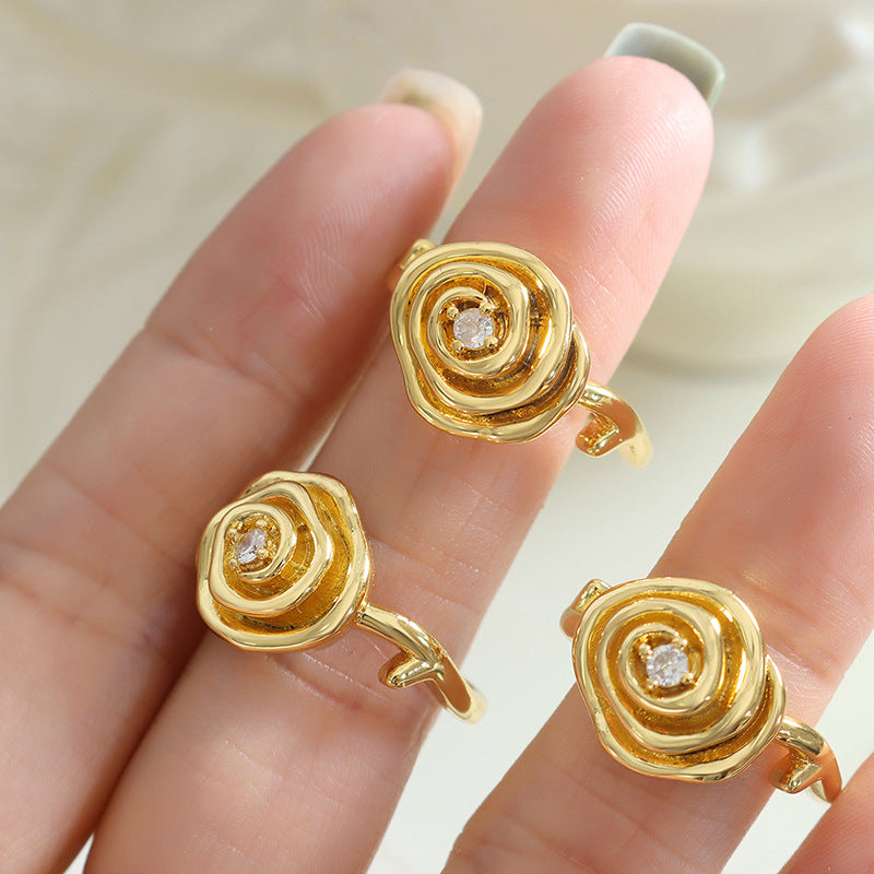 316L Stainless Steel 18K Gold PVD Vintage Rose Flower Zircon Ring - Vintage Gold Rose Flower Zircon Ring Wholesale Stainless Steel Jewelry - Sensitive Skin Friendly - Detail 5