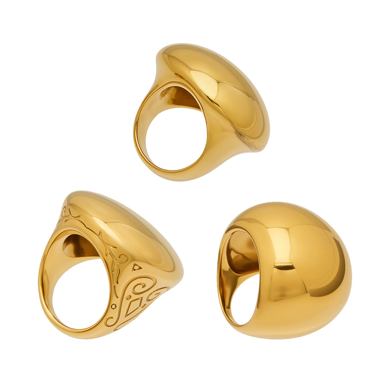 316L Stainless Steel 18K Gold PVD Vintage Smooth Carved Oval Ring - Vintage Gold Band Oval Carved Wholesale Stainless Steel Jewelry - Sensitive Skin Friendly - Detail 1