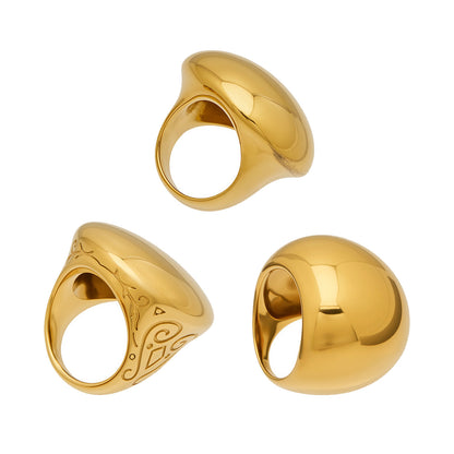 316L Stainless Steel 18K Gold PVD Vintage Smooth Carved Oval Ring - Vintage Gold Band Oval Carved Wholesale Stainless Steel Jewelry - Sensitive Skin Friendly - Detail 1
