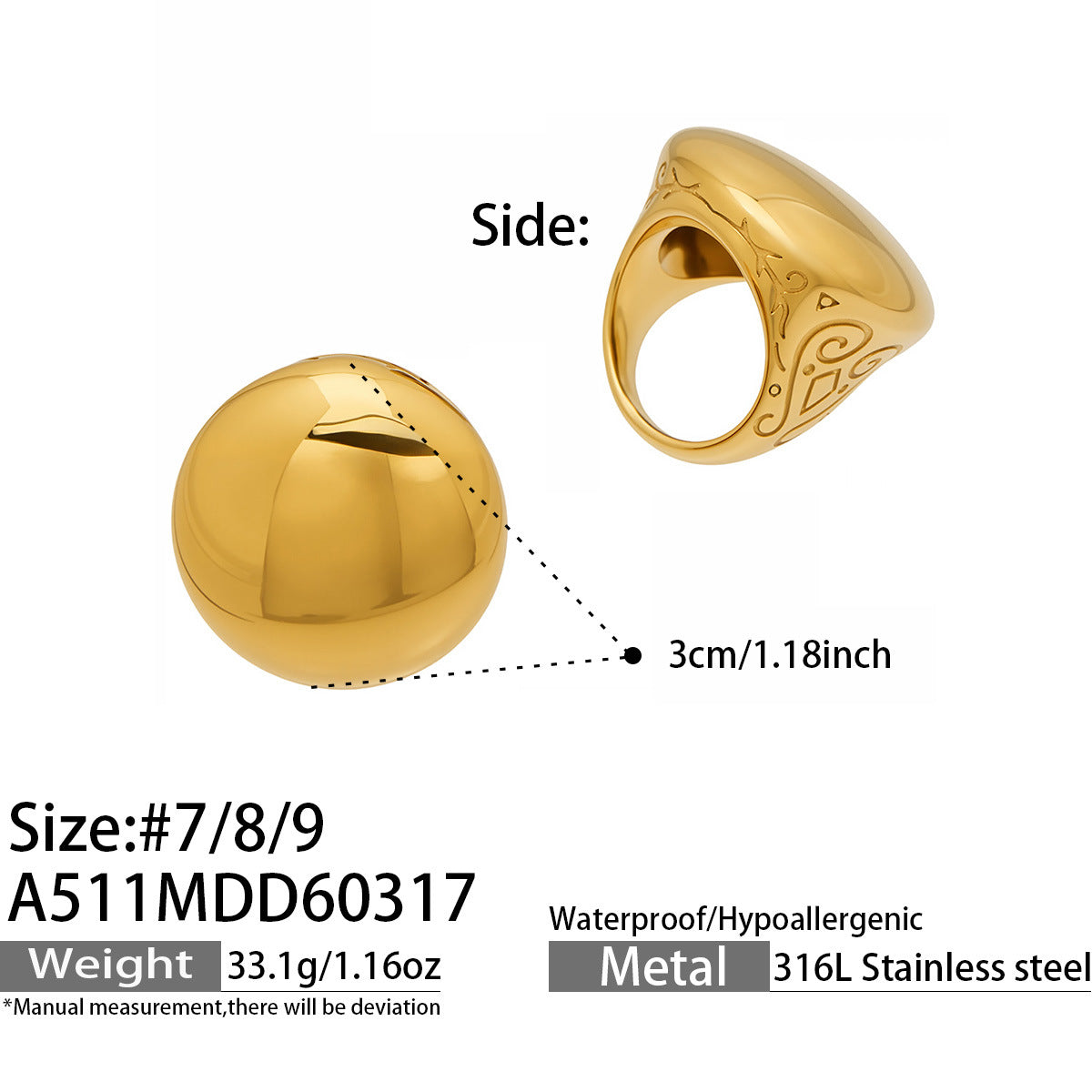 316L Stainless Steel 18K Gold PVD Vintage Smooth Carved Oval Ring - Vintage Gold Band Oval Carved Wholesale Stainless Steel Jewelry - Sensitive Skin Friendly - Detail 6