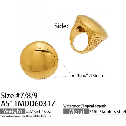 316L Stainless Steel 18K Gold PVD Vintage Smooth Carved Oval Ring - Vintage Gold Band Oval Carved Wholesale Stainless Steel Jewelry - Sensitive Skin Friendly - Detail 6