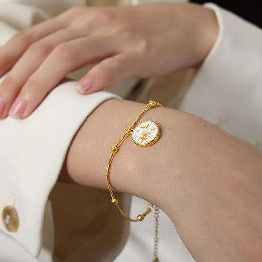 316L Stainless Steel 18K Gold PVD Vintage Sun & Moon Enamel Charm Bracelet - Vintage Sun Moon Enamel, Gold Charm Bracelet Wholesale Stainless Steel Jewelry - Sensitive Skin Friendly - Detail 1
