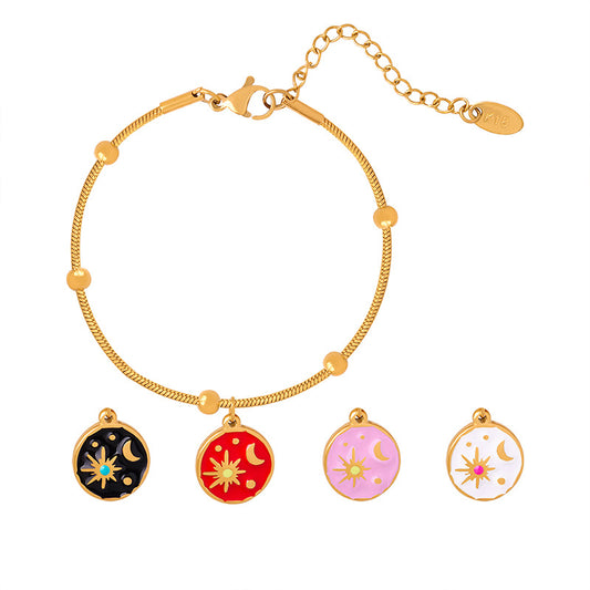 316L Stainless Steel 18K Gold PVD Vintage Sun & Moon Enamel Charm Bracelet - Vintage Sun Moon Enamel, Gold Charm Bracelet Wholesale Stainless Steel Jewelry - Sensitive Skin Friendly - Detail 10