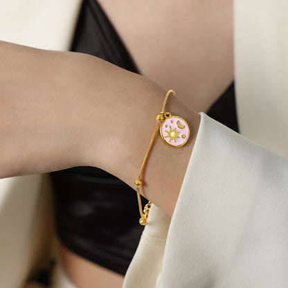 316L Stainless Steel 18K Gold PVD Vintage Sun & Moon Enamel Charm Bracelet - Vintage Sun Moon Enamel, Gold Charm Bracelet Wholesale Stainless Steel Jewelry - Sensitive Skin Friendly - Detail 2