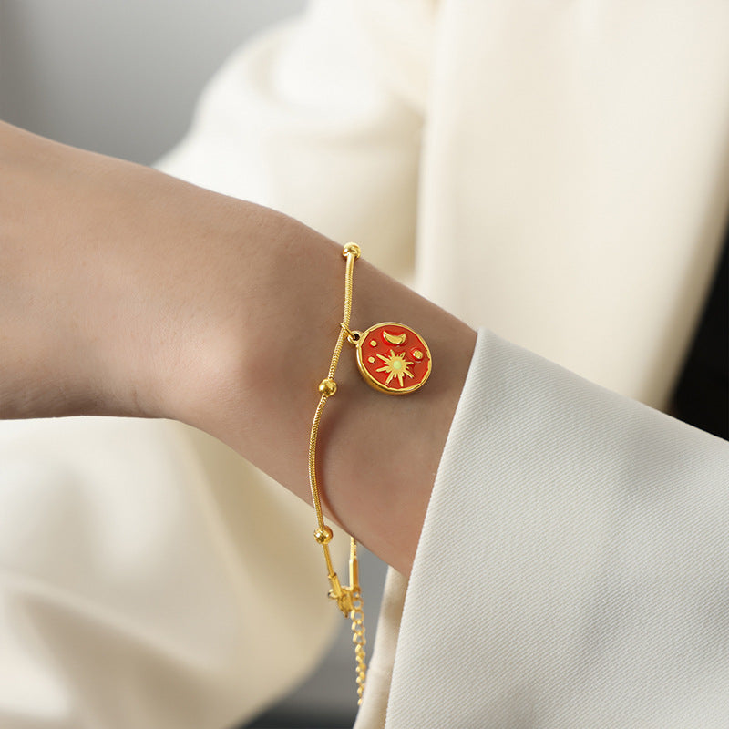 316L Stainless Steel 18K Gold PVD Vintage Sun & Moon Enamel Charm Bracelet - Vintage Sun Moon Enamel, Gold Charm Bracelet Wholesale Stainless Steel Jewelry - Sensitive Skin Friendly - Detail 4