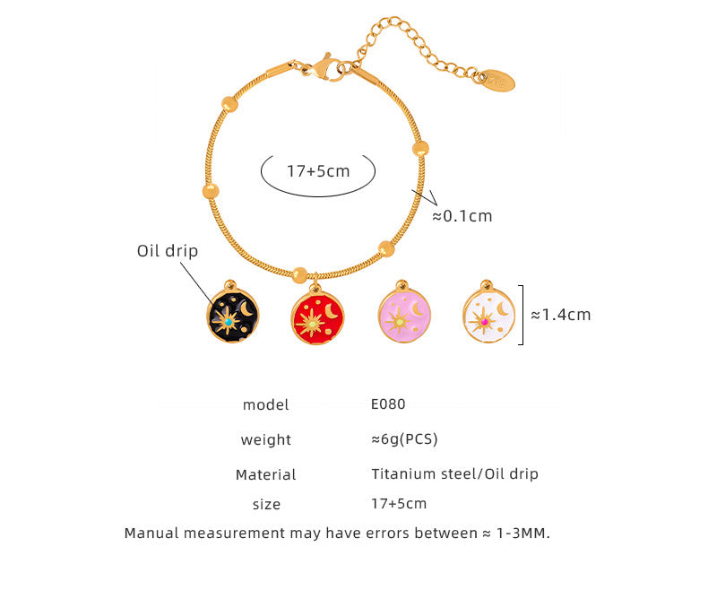 316L Stainless Steel 18K Gold PVD Vintage Sun & Moon Enamel Charm Bracelet - Vintage Sun Moon Enamel, Gold Charm Bracelet Wholesale Stainless Steel Jewelry - Sensitive Skin Friendly - Detail 5