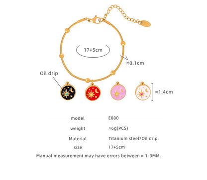 316L Stainless Steel 18K Gold PVD Vintage Sun & Moon Enamel Charm Bracelet - Vintage Sun Moon Enamel, Gold Charm Bracelet Wholesale Stainless Steel Jewelry - Sensitive Skin Friendly - Detail 5