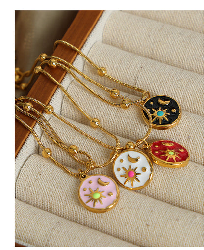 316L Stainless Steel 18K Gold PVD Vintage Sun & Moon Enamel Charm Bracelet - Vintage Sun Moon Enamel, Gold Charm Bracelet Wholesale Stainless Steel Jewelry - Sensitive Skin Friendly - Detail 6