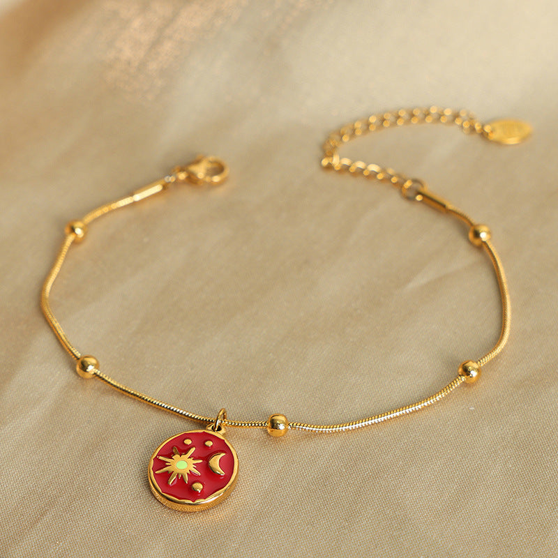 316L Stainless Steel 18K Gold PVD Vintage Sun & Moon Enamel Charm Bracelet - Vintage Sun Moon Enamel, Gold Charm Bracelet Wholesale Stainless Steel Jewelry - Sensitive Skin Friendly - Detail 7