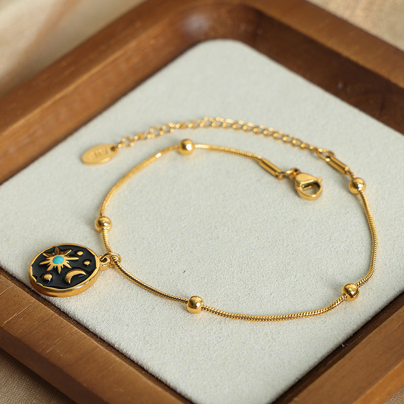 316L Stainless Steel 18K Gold PVD Vintage Sun & Moon Enamel Charm Bracelet - Vintage Sun Moon Enamel, Gold Charm Bracelet Wholesale Stainless Steel Jewelry - Sensitive Skin Friendly - Detail 8