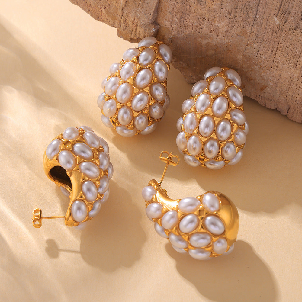 316L Stainless Steel 18K Gold PVD Vintage Teardrop Imitation Pearl Earrings - Vintage Gold Teardrop Imitation Pearl Earrings Wholesale Stainless Steel Jewelry - Sensitive Skin Friendly - Detail 1