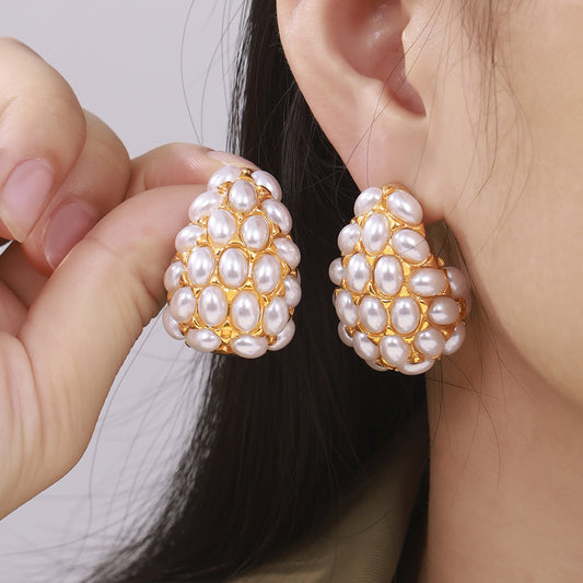 316L Stainless Steel 18K Gold PVD Vintage Teardrop Imitation Pearl Earrings - Vintage Gold Teardrop Imitation Pearl Earrings Wholesale Stainless Steel Jewelry - Sensitive Skin Friendly - Detail 2