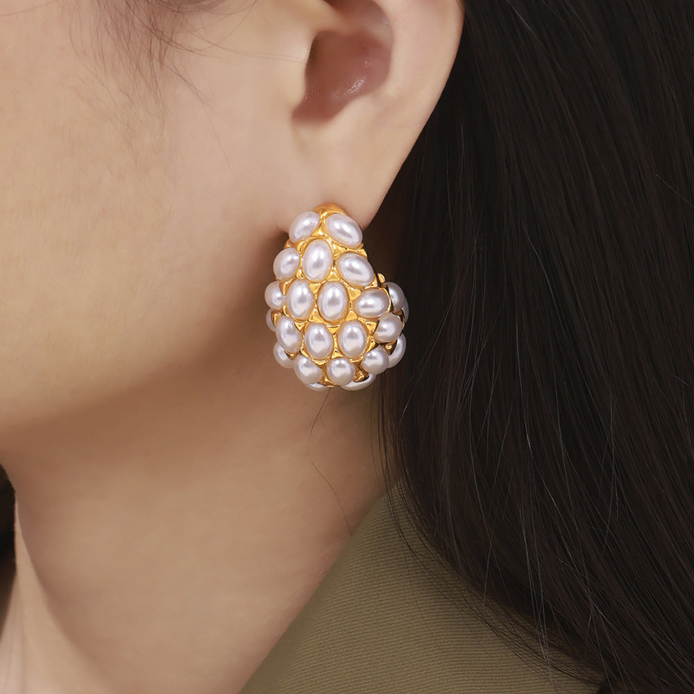 316L Stainless Steel 18K Gold PVD Vintage Teardrop Imitation Pearl Earrings - Vintage Gold Teardrop Imitation Pearl Earrings Wholesale Stainless Steel Jewelry - Sensitive Skin Friendly - Detail 3