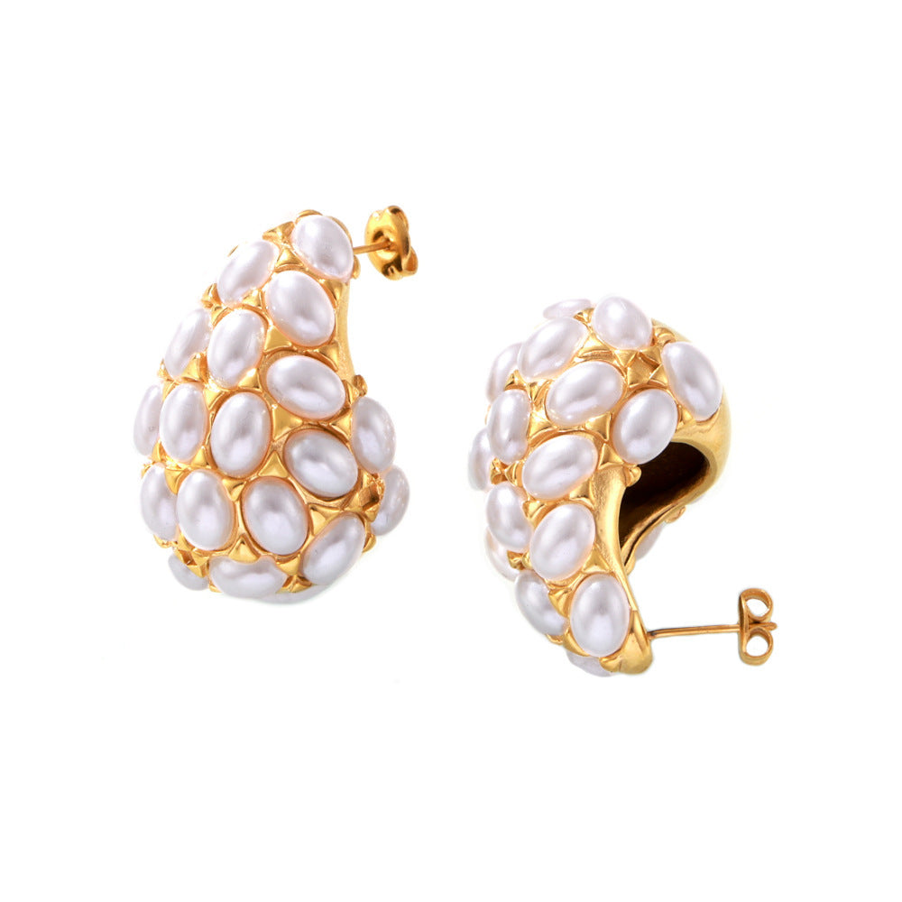 316L Stainless Steel 18K Gold PVD Vintage Teardrop Imitation Pearl Earrings - Vintage Gold Teardrop Imitation Pearl Earrings Wholesale Stainless Steel Jewelry - Sensitive Skin Friendly - Detail 4