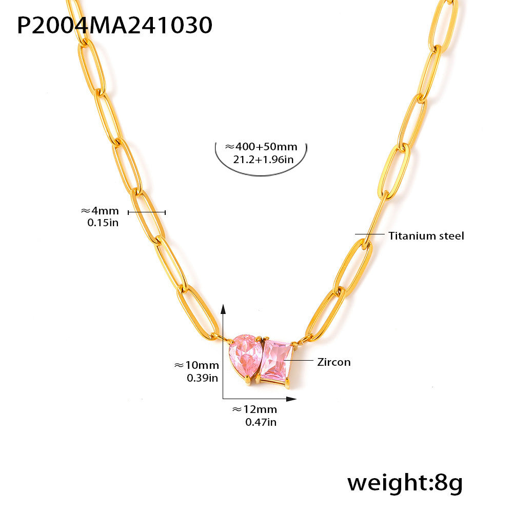 316L Stainless Steel 18K Gold PVD Water Droplet Zircon Square Necklace - Vintage Gold Band Water Droplet Square Zircon Wholesale Stainless Steel Jewelry - Sensitive Skin Friendly - Detail 1