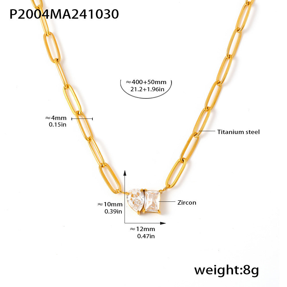 316L Stainless Steel 18K Gold PVD Water Droplet Zircon Square Necklace - Vintage Gold Band Water Droplet Square Zircon Wholesale Stainless Steel Jewelry - Sensitive Skin Friendly - Detail 6