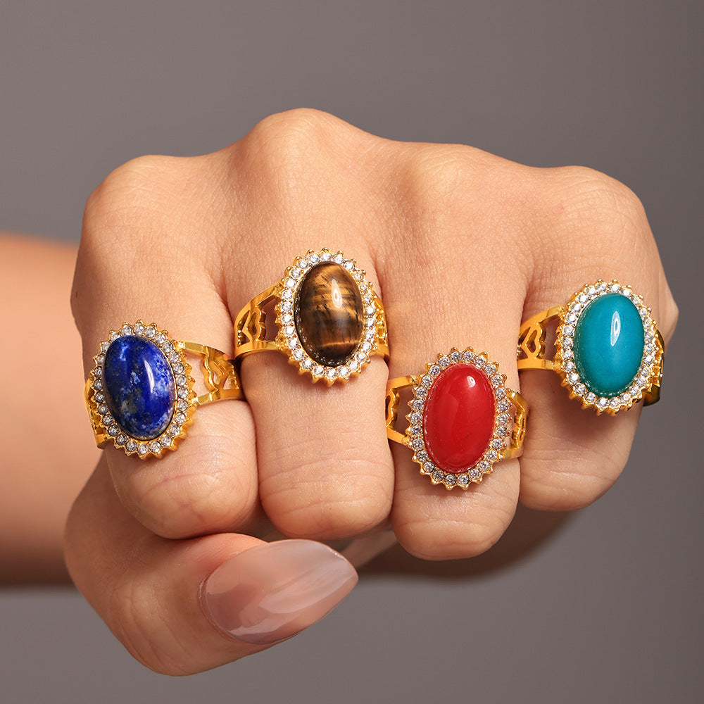 316L Stainless Steel 18K Gold PVD Wave Zircon Oval Natural Stone Adjustable Ring - Wave Design, Oval Stone, Zircon Accents, Adjustable Fit, Gold Tone Wholesale Stainless Steel Jewelry - Sensitive Skin Friendly - Detail 1