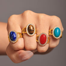 316L Stainless Steel 18K Gold PVD Wave Zircon Oval Natural Stone Adjustable Ring - Wave Design, Oval Stone, Zircon Accents, Adjustable Fit, Gold Tone Wholesale Stainless Steel Jewelry - Sensitive Skin Friendly - Detail 1