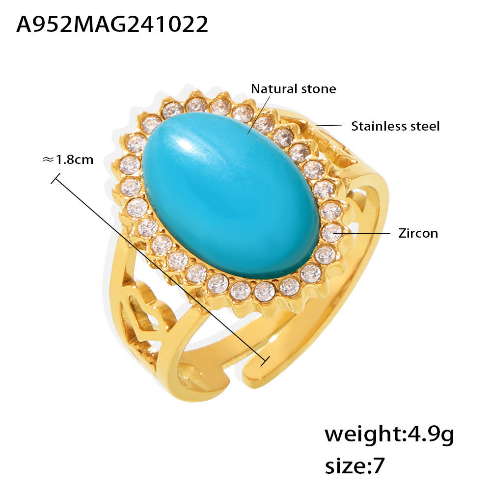 316L Stainless Steel 18K Gold PVD Wave Zircon Oval Natural Stone Adjustable Ring - Wave Design, Oval Stone, Zircon Accents, Adjustable Fit, Gold Tone Wholesale Stainless Steel Jewelry - Sensitive Skin Friendly - Detail 2