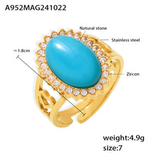 316L Stainless Steel 18K Gold PVD Wave Zircon Oval Natural Stone Adjustable Ring - Wave Design, Oval Stone, Zircon Accents, Adjustable Fit, Gold Tone Wholesale Stainless Steel Jewelry - Sensitive Skin Friendly - Detail 2