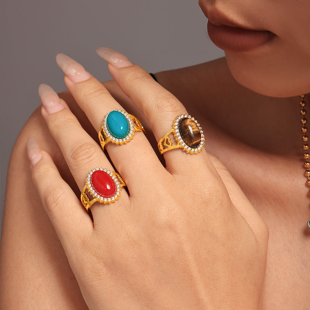 316L Stainless Steel 18K Gold PVD Wave Zircon Oval Natural Stone Adjustable Ring - Wave Design, Oval Stone, Zircon Accents, Adjustable Fit, Gold Tone Wholesale Stainless Steel Jewelry - Sensitive Skin Friendly - Detail 3
